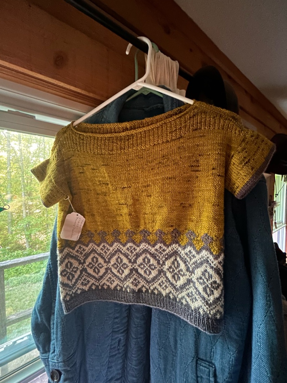 Short-Sleeve Fair Isle Knit Sweater in Mustard Yellow